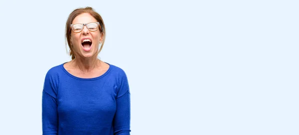 Femme Âge Moyen Portant Pull Laine Des Lunettes Stressantes Terrifiées — Photo