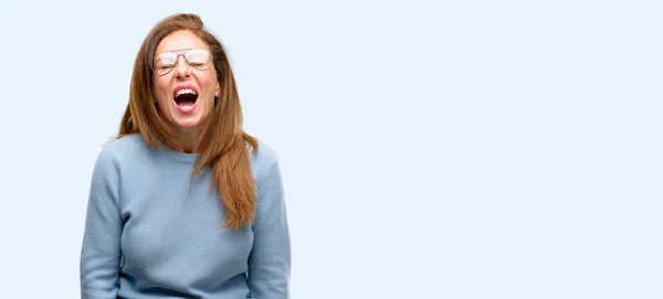 Femme Âge Moyen Portant Pull Laine Des Lunettes Fraîches Stressantes — Photo