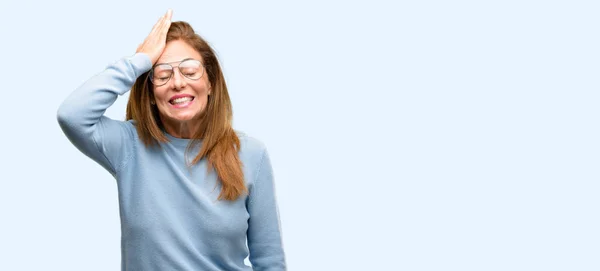 Middle Age Woman Wearing Wool Sweater Cool Glasses Terrified Nervous — Stock Photo, Image