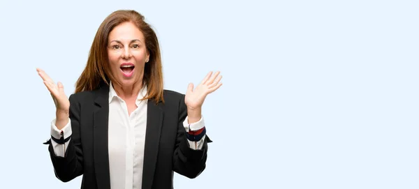 Middle Age Woman Wearing Jacket Happy Surprised Cheering Expressing Wow — Stock Photo, Image