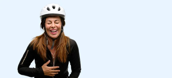 Middle Age Cyclist Woman Using Earphones Confident Happy Big Natural — Stock Photo, Image