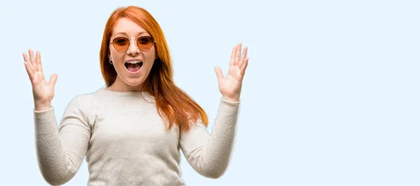 Beautiful Young Redhead Woman Happy Surprised Cheering Expressing Wow Gesture — Stock Photo, Image