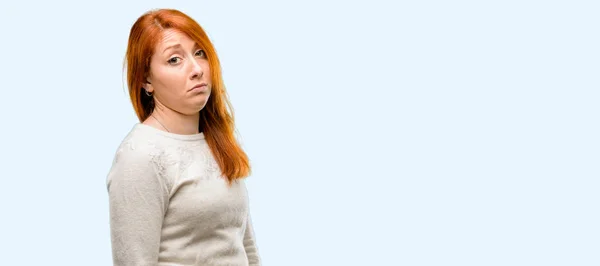 Beautiful Young Redhead Woman Having Skeptical Dissatisfied Look Expressing Distrust — Stock Photo, Image