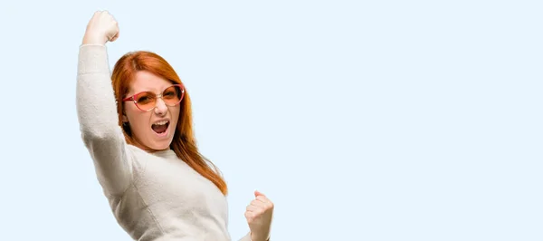 Beautiful Young Redhead Woman Happy Excited Celebrating Victory Expressing Big — Stock Photo, Image