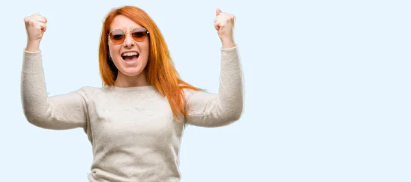 Beautiful Young Redhead Woman Happy Excited Celebrating Victory Expressing Big — Stock Photo, Image