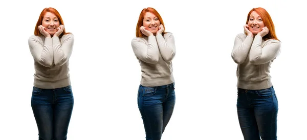 Young Beautiful Redhead Woman Happy Surprised Cheering Expressing Wow Gesture — Stock Photo, Image