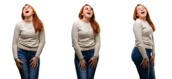 Young Beautiful Redhead Woman Confident Happy Big Natural Smile Laughing — Stock Photo, Image