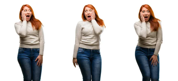 Young Beautiful Redhead Woman Happy Confident Showing Big Smile Surprised — Stock Photo, Image