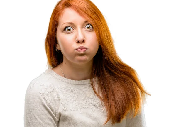 Beautiful Young Redhead Woman Puffing Out Cheeks Having Fun Making — Stock Photo, Image