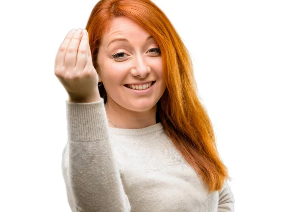 Beautiful Young Redhead Woman Angry Gesturing Typical Italian Gesture Hand — Stock Photo, Image