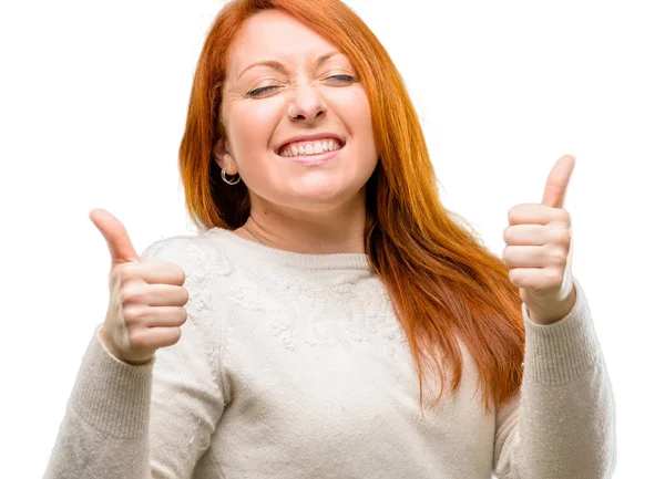 Beautiful Young Redhead Woman Smiling Broadly Showing Thumbs Gesture Camera — Stock Photo, Image