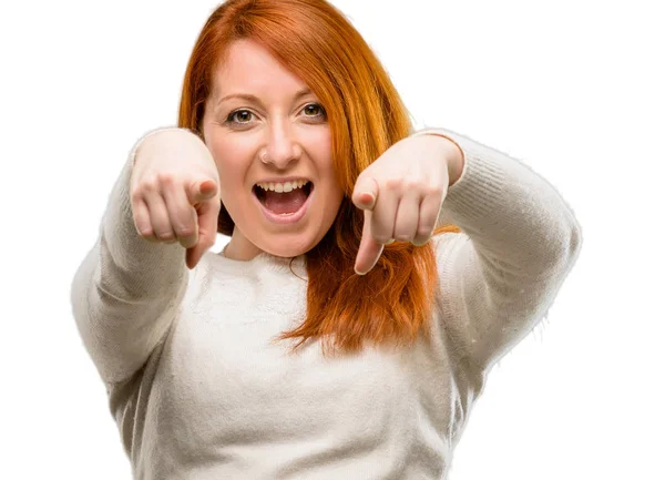 Beautiful Young Redhead Woman Pointing Front Finger Isolated White Background — Stock Photo, Image