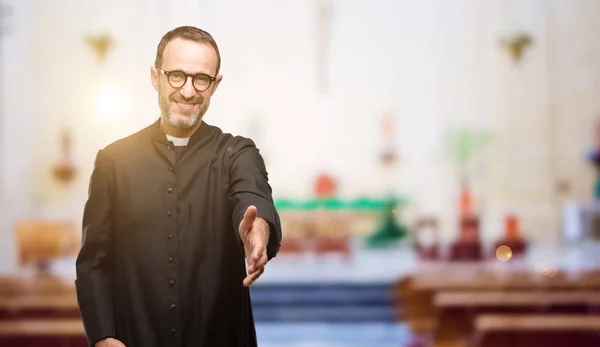 Priest Religion Man Holds Hands Welcoming Handshake Pose Expressing Trust — Stock Photo, Image