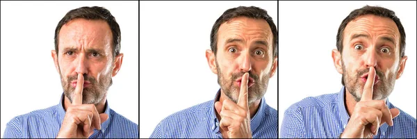 Medelåldern Stilig Man Närbild Med Pekfinger Läpparna Att Vara Tyst — Stockfoto
