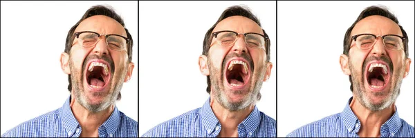 Średnim Wieku Przystojny Mężczyzna Zbliżenie Stresujące Przerażony Panice Krzycząc Zdenerwowany — Zdjęcie stockowe
