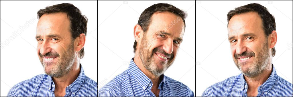 Middle age handsome man closeup confident and happy with a big natural smile looking side