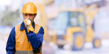 Senior engineer man, construction worker sick and coughing, suffering asthma or bronchitis, medicine concept at work clipart
