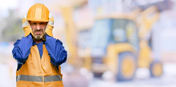 Senior Engineer Man Construction Worker Covering Ears Ignoring Annoying Loud — Stock Photo, Image