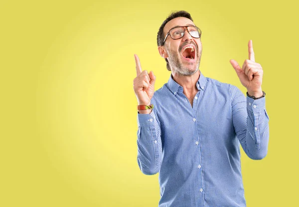 Handsome Middle Age Man Happy Surprised Cheering Expressing Wow Gesture — Stock Photo, Image