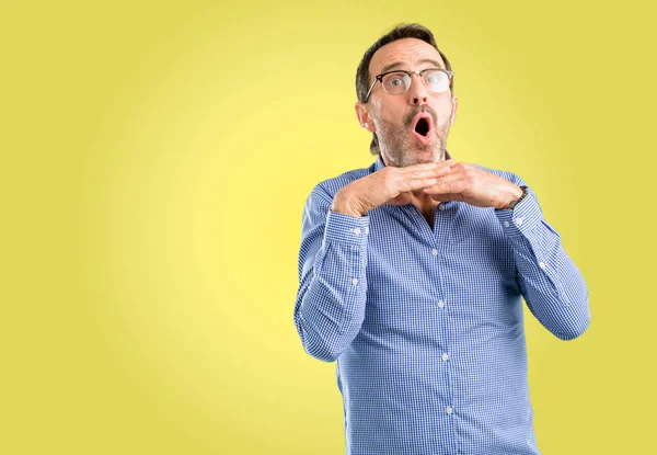 Guapo Hombre Mediana Edad Feliz Sorprendido Animando Expresando Wow Gesto — Foto de Stock