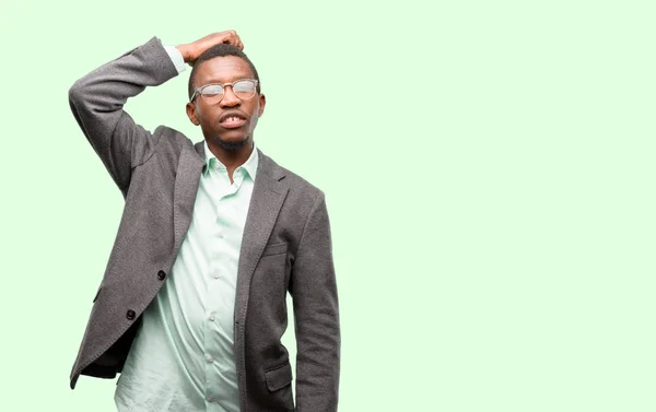 Africano Negro Usando Chaqueta Duda Expresión Confundir Maravilla Concepto Futuro — Foto de Stock