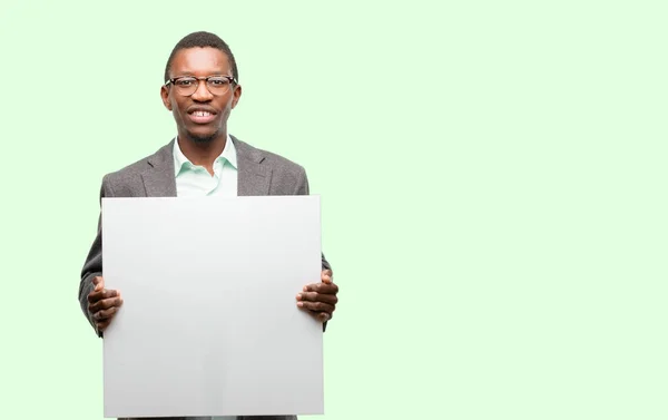 African Black Man Wearing Jacket Holding Blank Advertising Banner Good — Stock Photo, Image