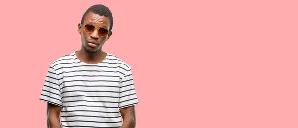 African Black Man Wearing Sunglasses Sleepy Expression Being Overworked Tired — Stock Photo, Image
