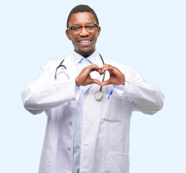 Young Black Doctor Medical Professional Happy Showing Love Hands Heart — Stock Photo, Image