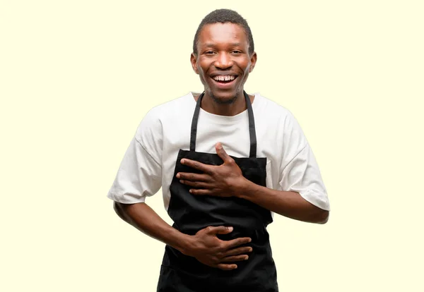 African Man Shop Owner Wearing Apron Confident Happy Big Natural — Stock Photo, Image