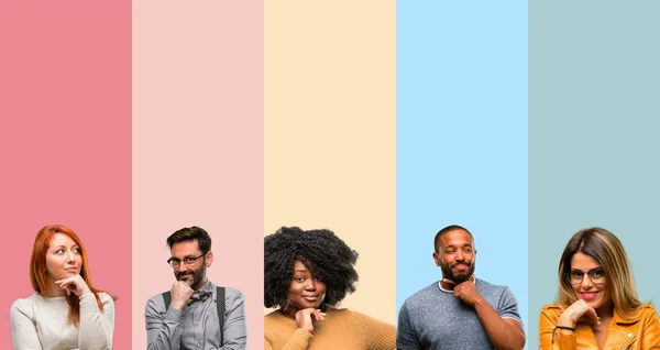 Gruppo Fresco Persone Donna Uomo Che Pensano Premuroso Con Faccia — Foto Stock