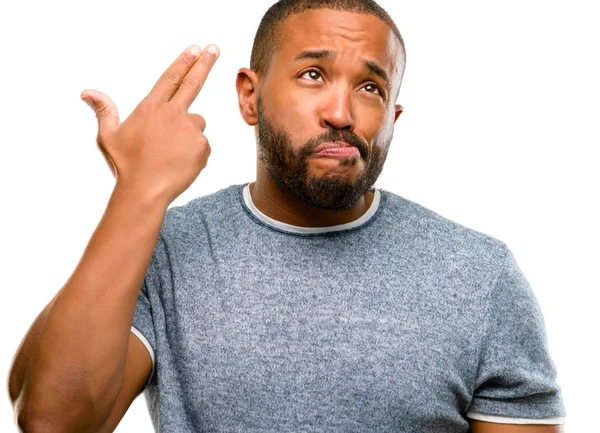 Hombre Afroamericano Con Barba Infeliz Haciendo Gesto Suicida Cansado Todo — Foto de Stock