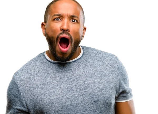 African American Man Beard Scared Surprised Cheering Expressing Wow Gesture — Stock Photo, Image