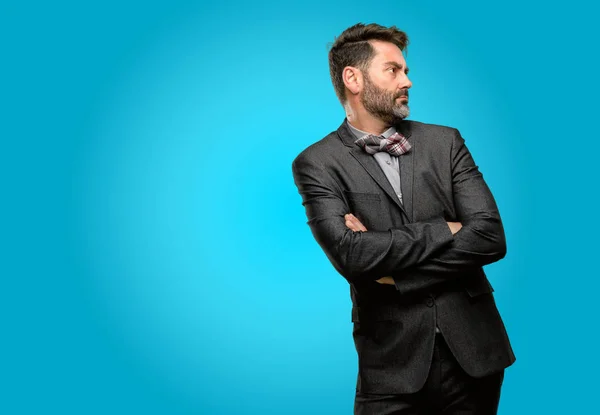 Middle Age Man Beard Bow Tie Crossed Arms Confident Happy — Stock Photo, Image