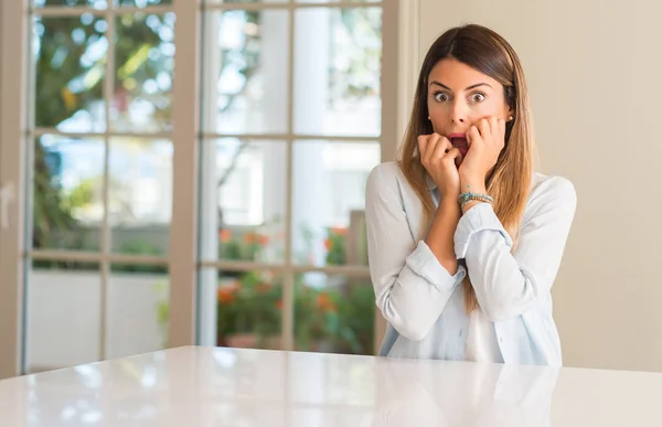 Young Beautiful Woman Home Terrified Nervous Expressing Anxiety Panic Gesture — Stock Photo, Image