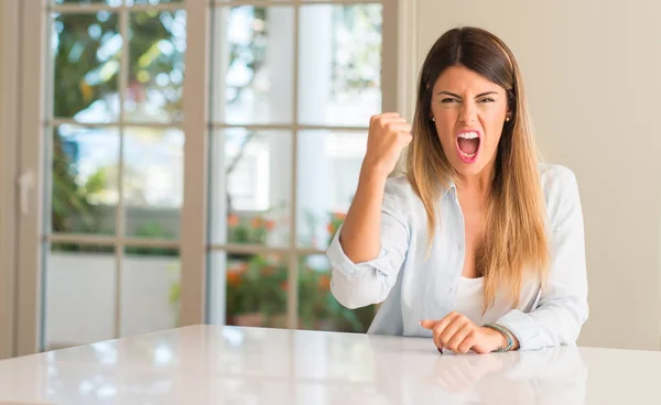 Young Beautiful Woman Home Irritated Angry Expressing Negative Emotion Annoyed — Stock Photo, Image