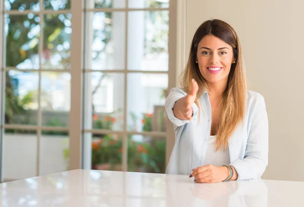 Young Beautiful Woman Home Holds Hands Welcoming Handshake Pose Expressing — Stock Photo, Image