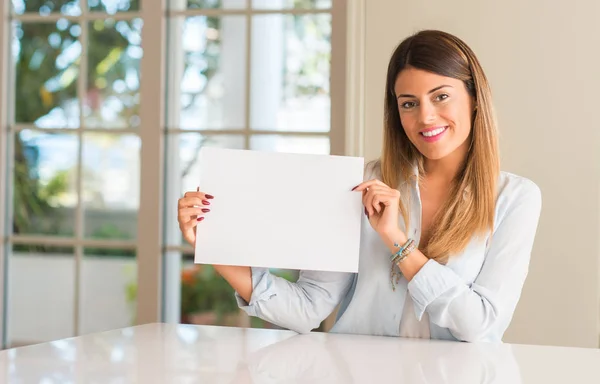 Young Beautiful Woman Home Holding Blank Advertising Banner Good Poster — Stock Photo, Image