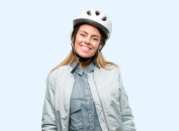 Jovem Com Capacete Bicicleta Fones Ouvido Confiante Feliz Com Grande — Fotografia de Stock