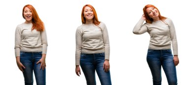 Genç güzel kızıl saçlı kadın mutlu ve ifade wow jest tezahürat