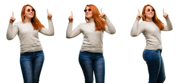 Young Beautiful Redhead Woman Happy Surprised Cheering Pointing — Stock Photo, Image