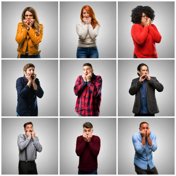 Groep Van Gemengde Mensen Vrouwen Mannen Bang Nerveus Uiting Van — Stockfoto