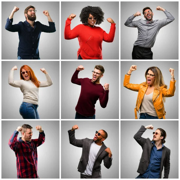 Grupo Pessoas Mistas Mulheres Homens Felizes Animados Celebrando Vitória Expressando — Fotografia de Stock