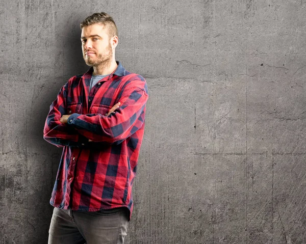 Young Handsome Man Crossed Arms Confident Happy Big Natural Smile — Stock Photo, Image