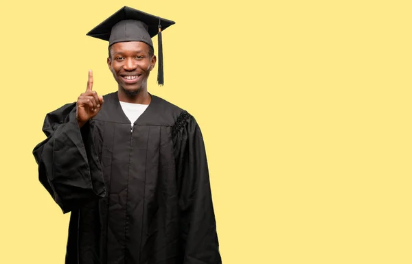 Young African Graduate Student Black Man Happy Surprised Cheering Expressing — Stock Photo, Image