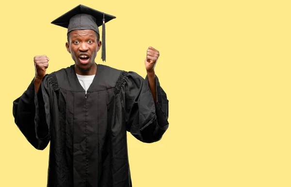 Young African Graduate Student Black Man Happy Excited Celebrating Victory — Stock Photo, Image