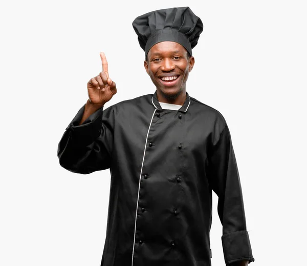 Young Black Cook Wearing Chef Hat Pointing Away Side Finger — Stock Photo, Image