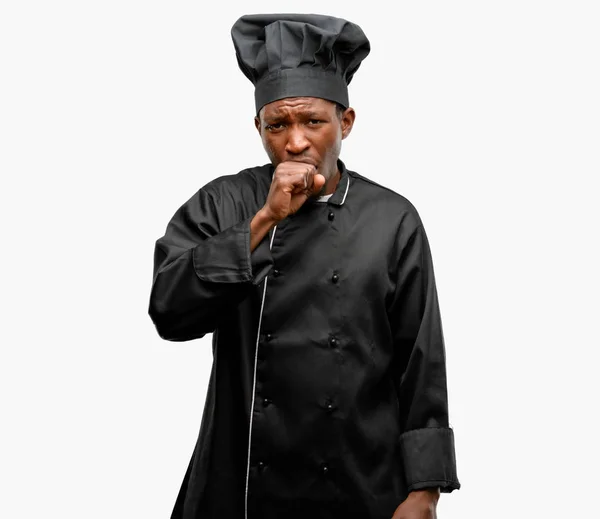 Νέοι Μαύρο Μάγειρας Φορώντας Καπέλο Σεφ Άρρωστος Και Βήχα Που — Φωτογραφία Αρχείου