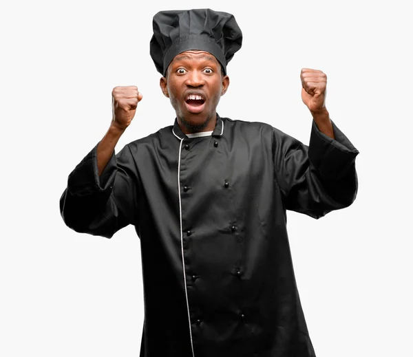 Young Black Cook Wearing Chef Hat Happy Excited Celebrating Victory — Stock Photo, Image