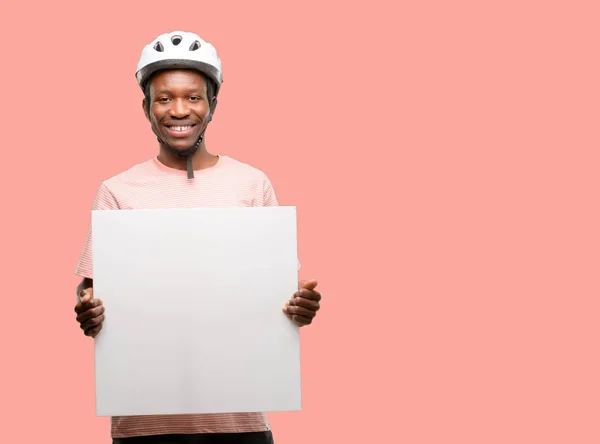 Black Man Wearing Bike Helmet Holding Blank Advertising Banner Good — Stock Photo, Image