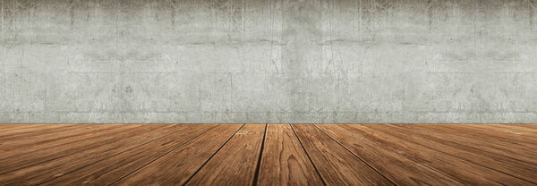 Большой деревянный пол против бетонной стены
